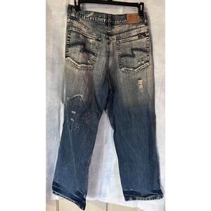 Jordan Craig Distressed Jeans Ripped Patched Denim Blue Wide Leg Size 36x32